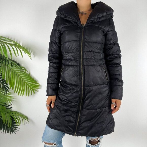 Women's Y2K H&M Classy Minimalist Black Longline Winter Puffer Parka Coat / 4 - Picture 3 of 10